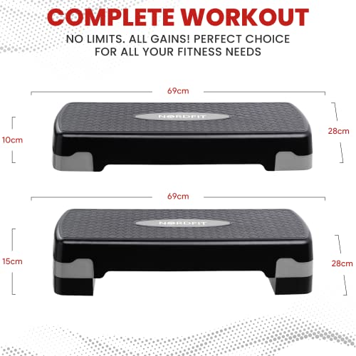 NORDFIT Adjustable Fitness Step 2 Levels, 10cm and 15cm height for Pilates, Aerobics, Studio Pump, Exercise, Home Gym, Studio, Garage (Black/Grey)