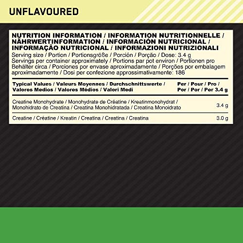 Optimum Nutrition Micronised Creatine Powder, 100% Pure Creatine Monohydrate Powder for Performance and Muscle Power, Unflavoured Shake, 186 Servings, 634 g