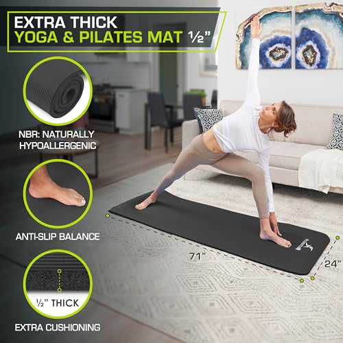 ProsourceFit 1/2 in Extra Thick Yoga Pilates Exercise Mat, Padded Workout Mat for Home, Non-Sip Yoga Mat for Men and Women, Black, 71 in x 24 in