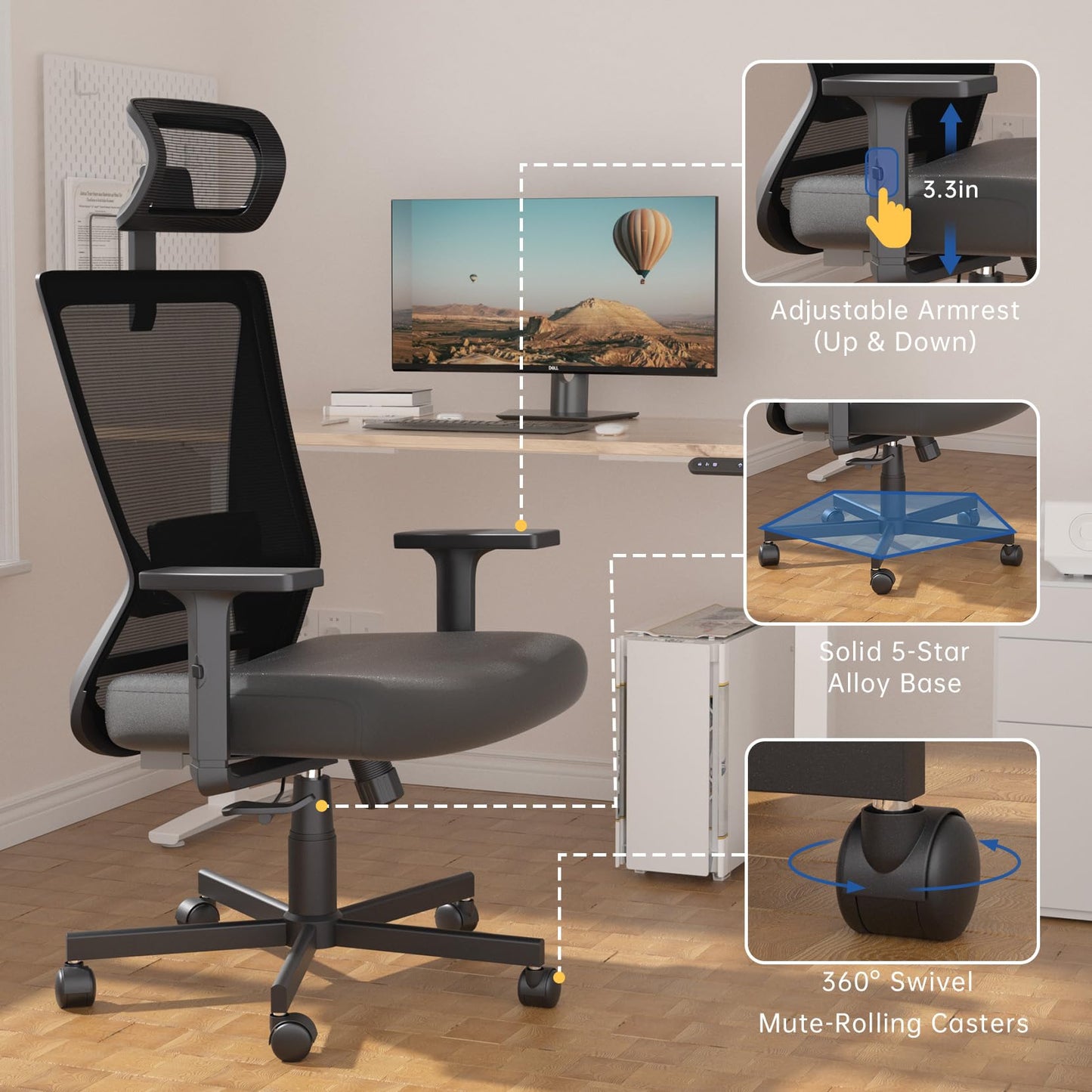 Dripex Office Chair, Ergonomic office Chair,High Back Home Office Desk Chair Computer Chair,Adjustable Headrest and Lumbar Support & 2D Armrest,90°-135°Tilt Angle,Swivel Mesh Task Chair-Black