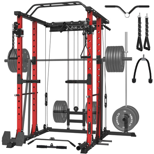 ZERELEK Power Cage, 1500lbs Power Rack with LAT PullDown and Cable Crossover System, Squat Rack with Pulley System, Weight Cage for Home Gym with Training Attachments(Red)