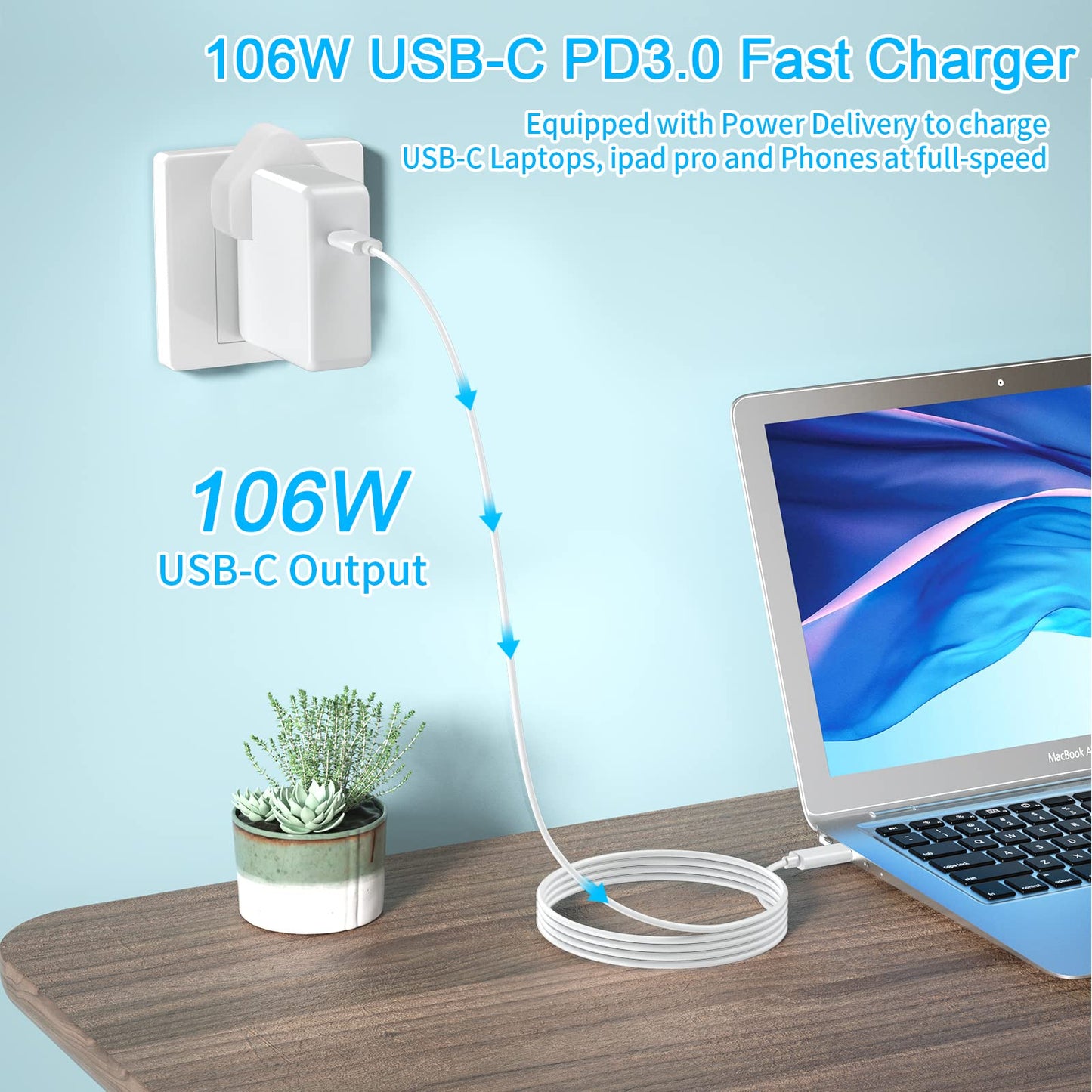 Mac Book Pro charger-106W Super Fast Charger,Compatible with MacBook Pro 16, 15, 14, 13 Inch, MacBook Air 13 Inch, iPad Pro 2021/2020/2019/2018, Included 7.2ft USB C to C Cable