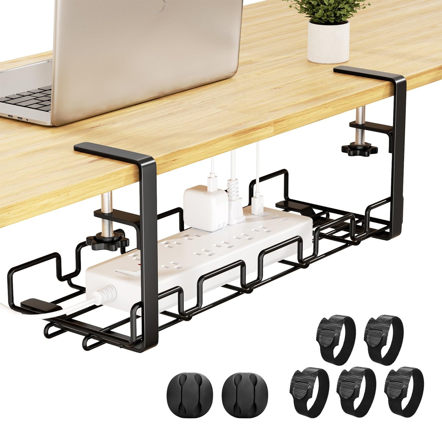 Cable Management Under Desk Cable Tray Wire Tidy Organiser No-Drill With Clamp Cable Tidy Basket Sturdy Metal For Managing Cables and Power Strips 16x5.6x6.3 inch