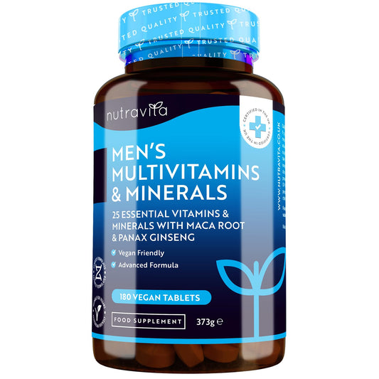 Men's Multivitamins and Minerals - 25 Essential Active Vitamins and Minerals with Added Maca Root and Panax Ginseng - 180 Vegan Tablets - No Synthetic Fillers or Binders - Made in The UK by Nutravita