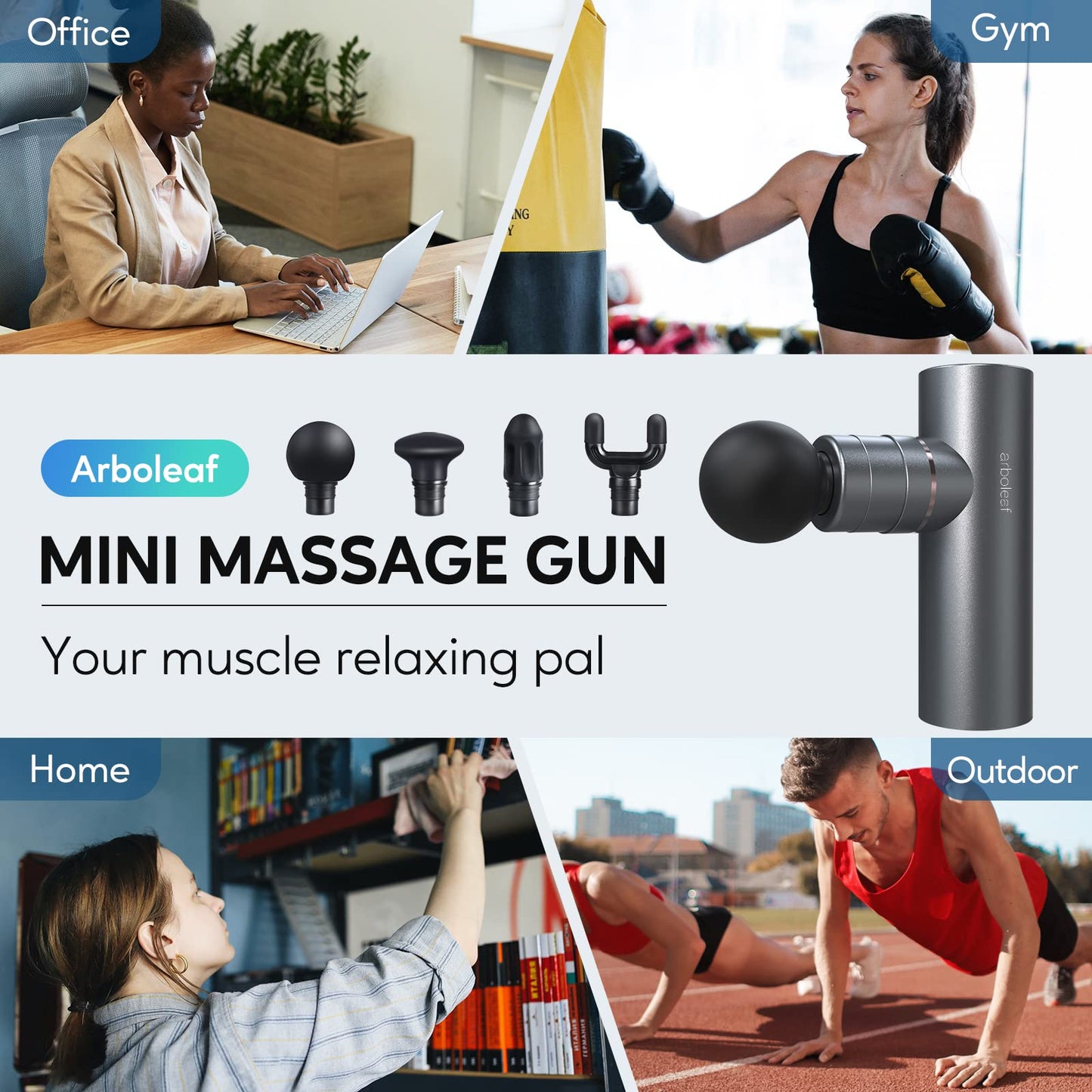 arboleaf Massage Gun Mini Deep Tissue, Muscle Massage Gun with 4 Silicone Heads 5 Levels, 3200 rpm 1.03lb Portable Suitcase Quiet Percussion Massage Gun for Muscle Relaxation Long Battery Life Type -C