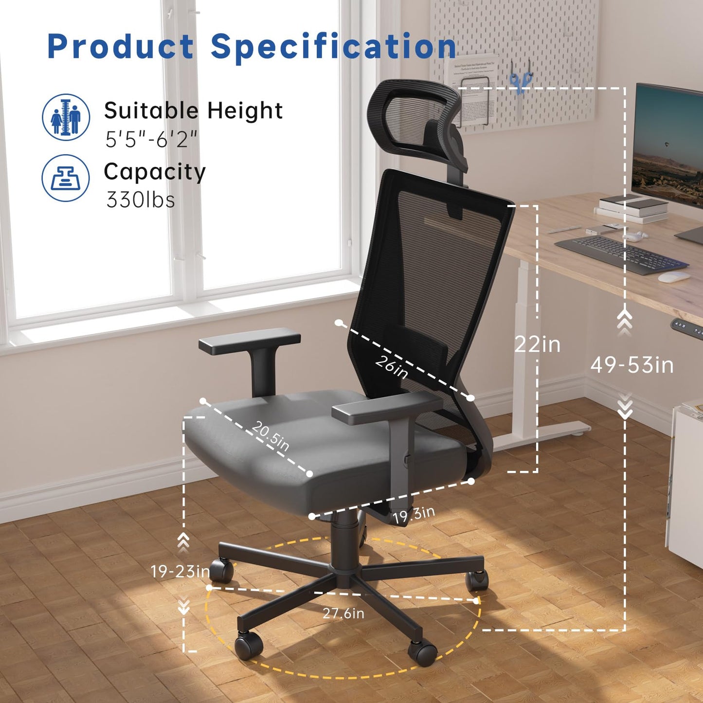 Dripex Office Chair, Ergonomic office Chair,High Back Home Office Desk Chair Computer Chair,Adjustable Headrest and Lumbar Support & 2D Armrest,90°-135°Tilt Angle,Swivel Mesh Task Chair-Black