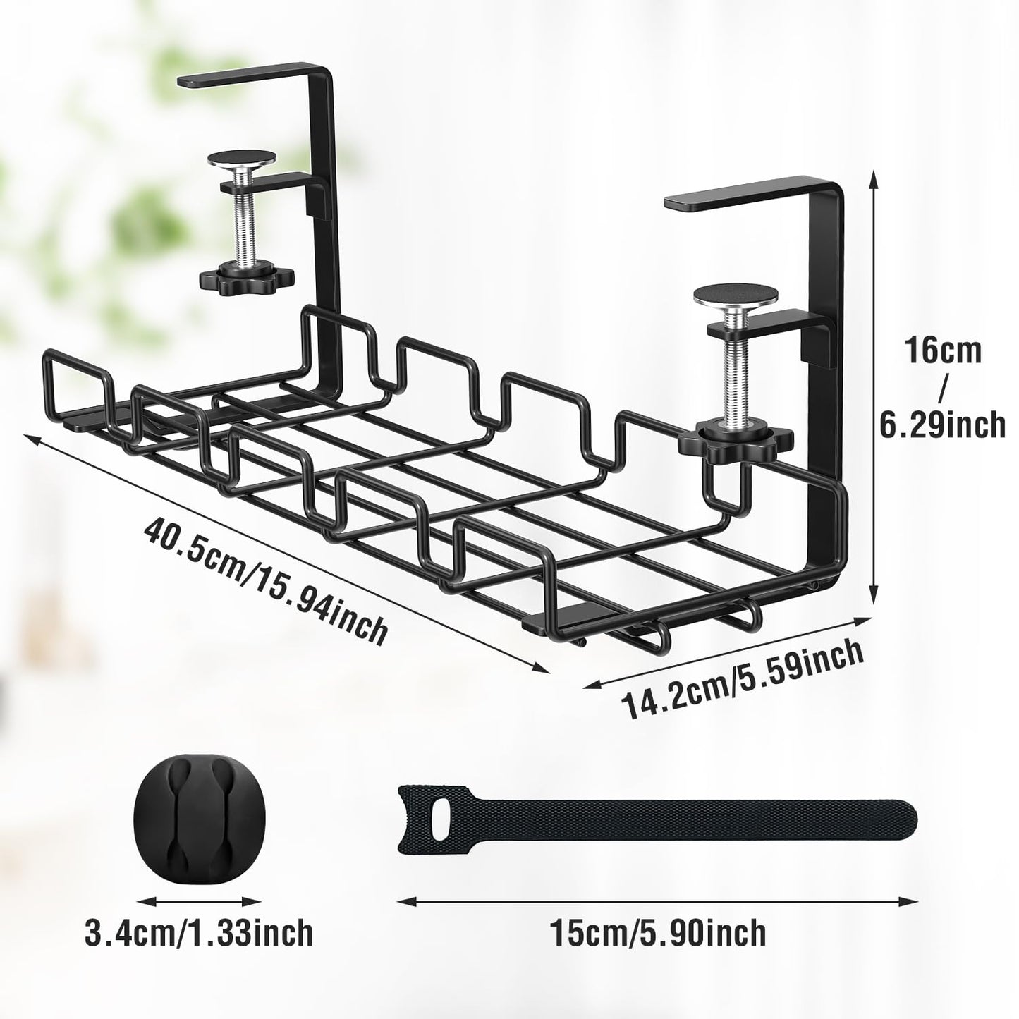 Cable Management Under Desk Cable Tray Wire Tidy Organiser No-Drill With Clamp Cable Tidy Basket Sturdy Metal For Managing Cables and Power Strips 16x5.6x6.3 inch