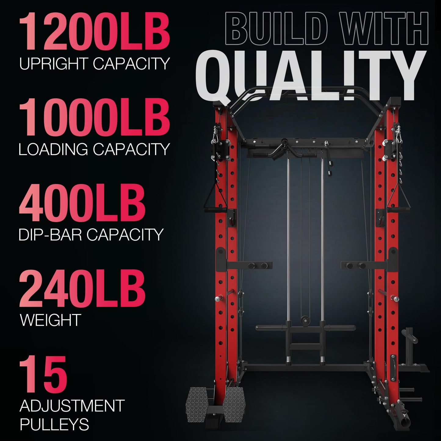 ZERELEK Power Cage, 1500lbs Power Rack with LAT PullDown and Cable Crossover System, Squat Rack with Pulley System, Weight Cage for Home Gym with Training Attachments(Red)