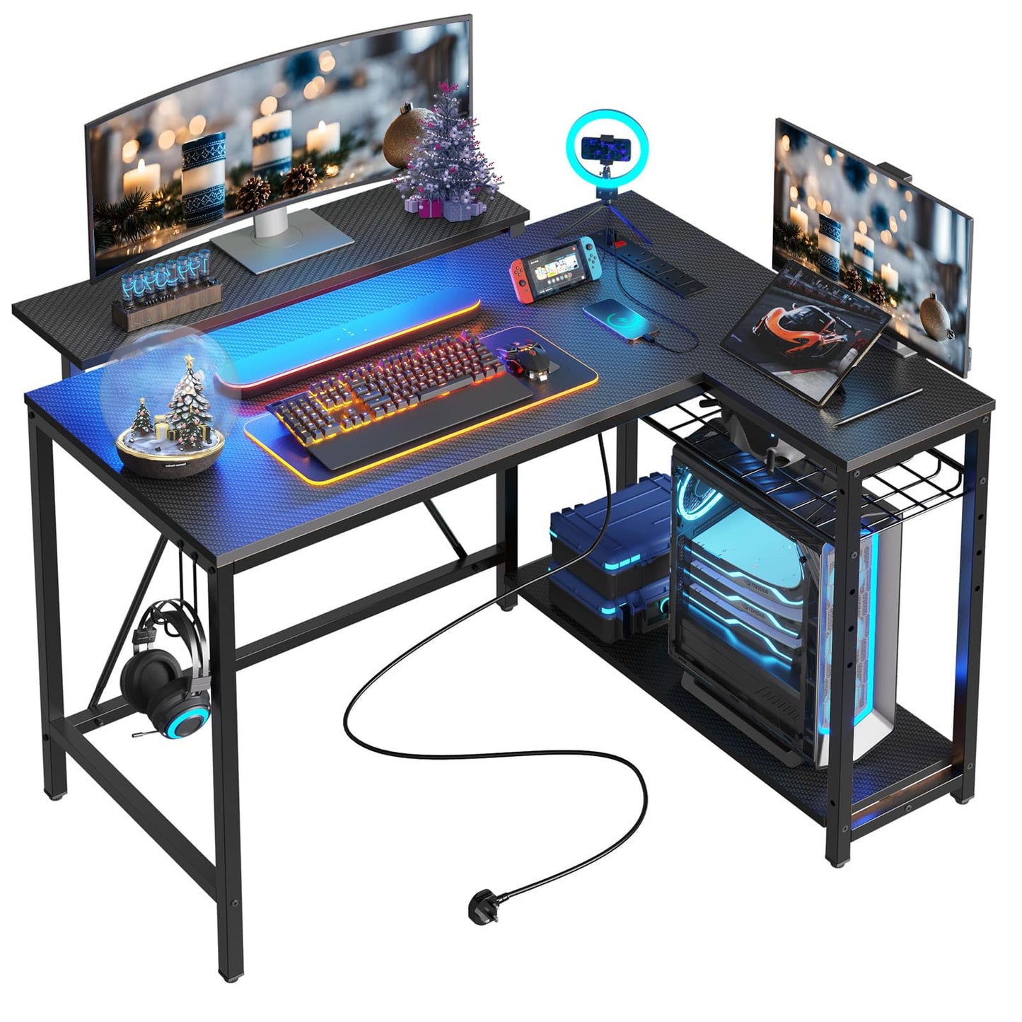 Bestier L Shaped Desk with Power Outlets & LED Lights Reversible 132CM Corner Desk with Shelves Larger PC Workstation with Hooks for Home Office Studying Desk for Bedroom