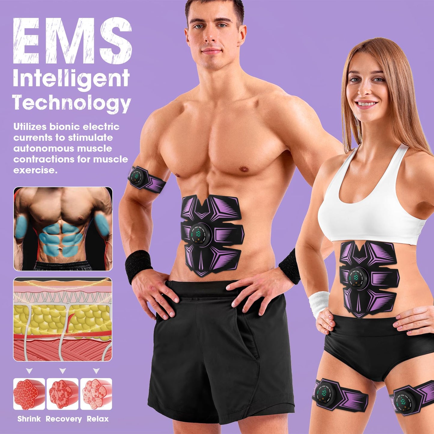 GROSBEAK EMS Muscle Stimulator ABS Trainer, Electric Abdominal Muscle Toner for Men and Women, 8 Modes AB Stimulator for Arms, Waist - Rechargeable, Skin-friendly (purple)