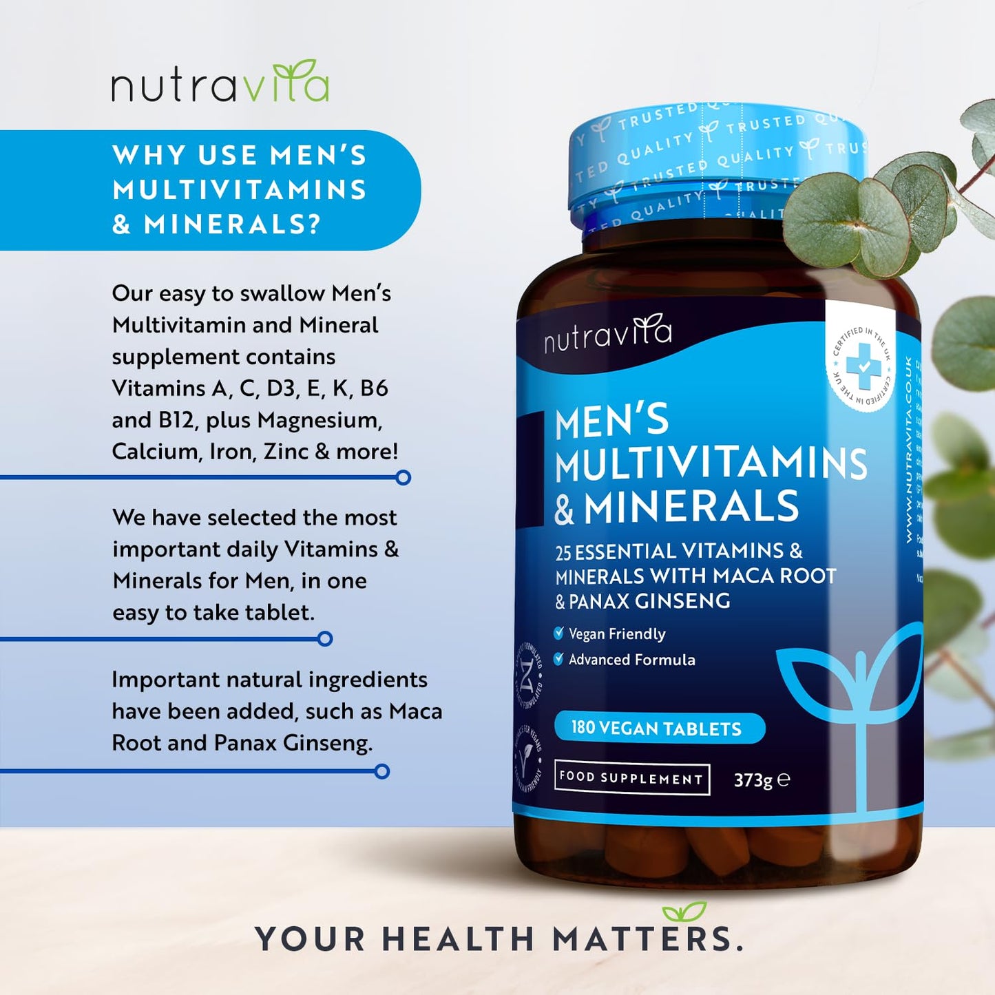 Men's Multivitamins and Minerals - 25 Essential Active Vitamins and Minerals with Added Maca Root and Panax Ginseng - 180 Vegan Tablets - No Synthetic Fillers or Binders - Made in The UK by Nutravita