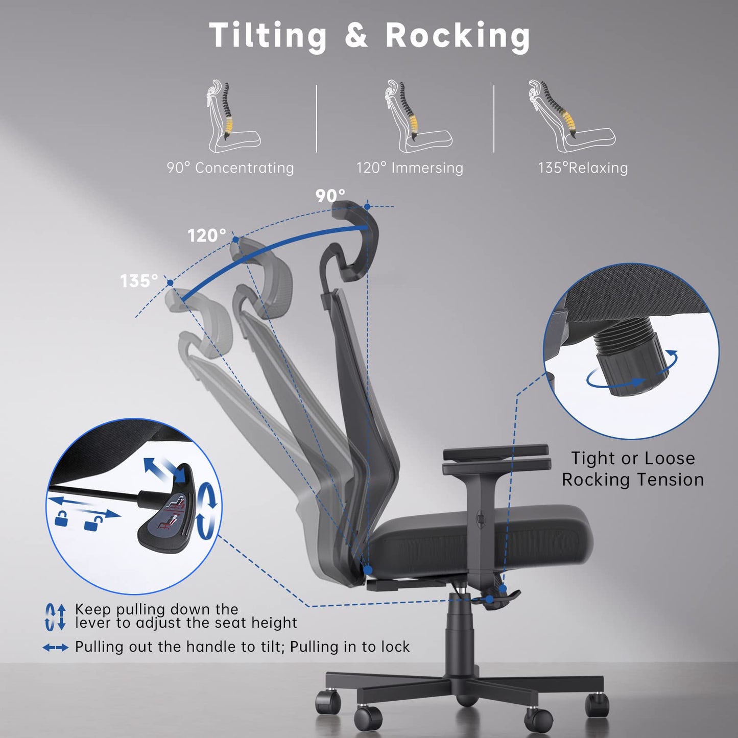 Dripex Office Chair, Ergonomic office Chair,High Back Home Office Desk Chair Computer Chair,Adjustable Headrest and Lumbar Support & 2D Armrest,90°-135°Tilt Angle,Swivel Mesh Task Chair-Black