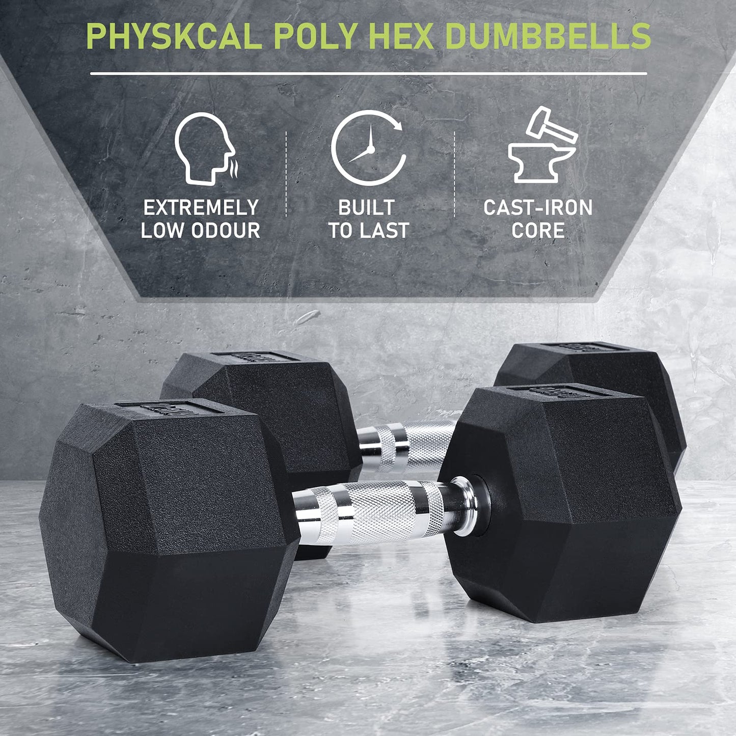 PhysKcal Hex Dumbbells Set 7.5kg Pair, Odourless Poly Rubber Encased Dumbbells 2.5KG 5KG 7.5KG 10KG 12.5KG 15KG 20KG Pair or Single Home Gym Weights Set, 2.5KG Pair