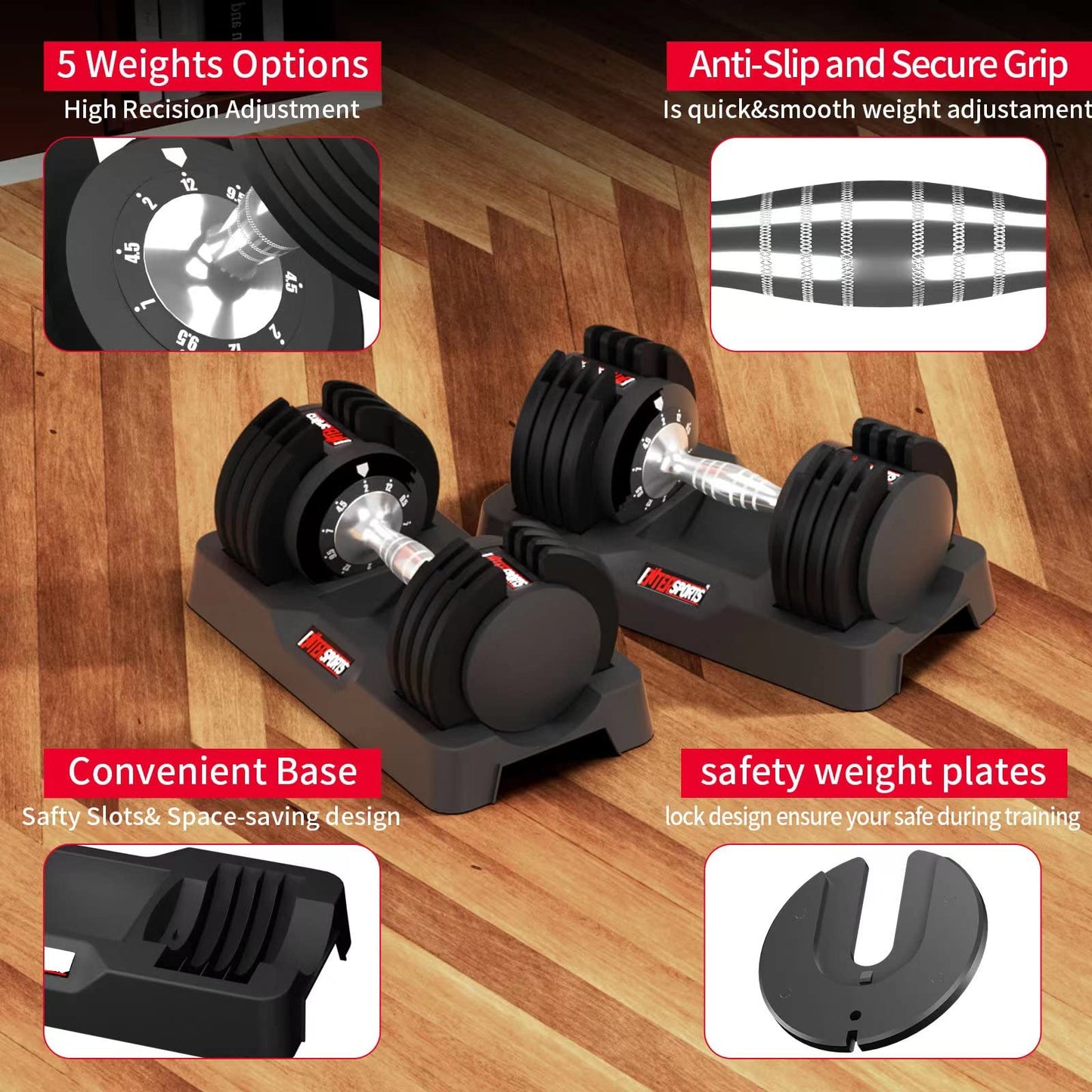 EnterSports 12kgx2 Adjustable Dumbbells Adjustable Dumbbell Set for Saving Place, Dumbbells Adjustable with Non-Slip Handle 5 Weight Levels-2-12kg, Good for Home, Office, Gym, Body Training