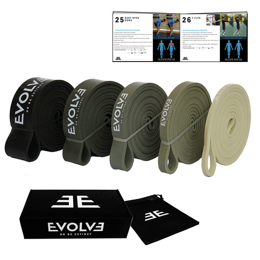 Evolve Resistance Bands 5 Level Set Pull up Assist, Natural Thick Latex Long Loop, Stretching Workout Home Gym Training Exercise Yoga Pilates Men Women Slimming eBooks and Videos Neutral Colours